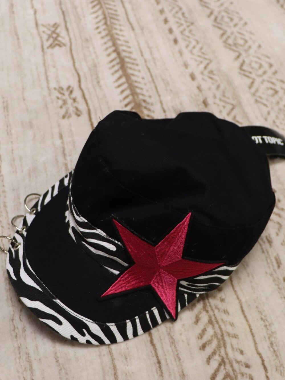 Y2K Punk Zebra Stripe Star Pierced Cadet Hat-Black and Pink Military Cap